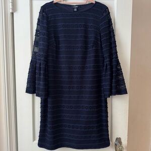 Chaps Midnight Blue Long Sheer Bell Sleeve Dress Size 12 Classic, Contemporary